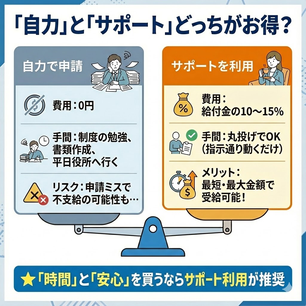 自力申請とサポート利用のメリット・デメリット比較。自力は費用0円だが手間とリスク大。サポートは費用がかかるが手間なしで確実。