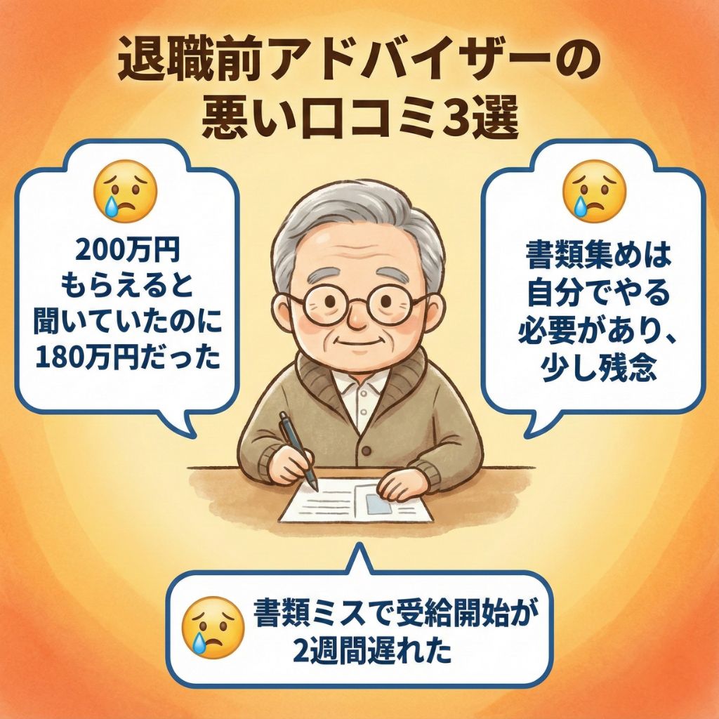 退職前アドバイザーの悪い口コミ3選。見込み額との差額・書類集めは自己対応・書類ミスで遅延という声を紹介