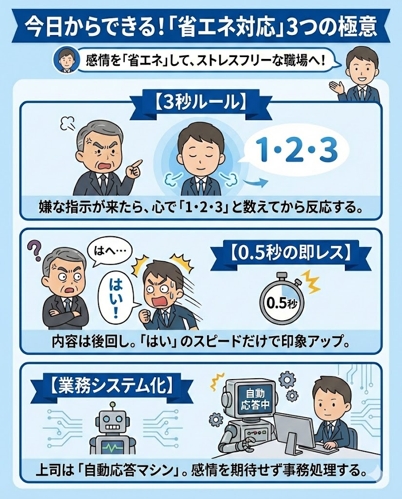 嫌いな上司への態度を整える3つのテクニック。3秒ルール、0.5秒即レス、上司の業務システム化を図解。