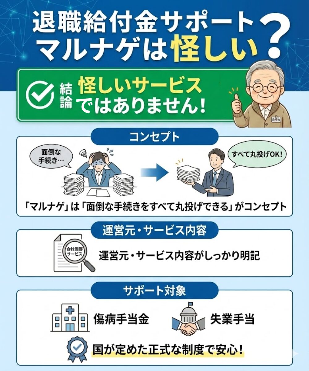 退職給付金サポートマルナゲは怪しい?よくある不安3つと真相