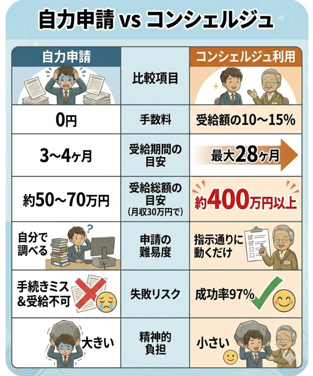 自力申請 vs コンシェルジュ利用の比較表