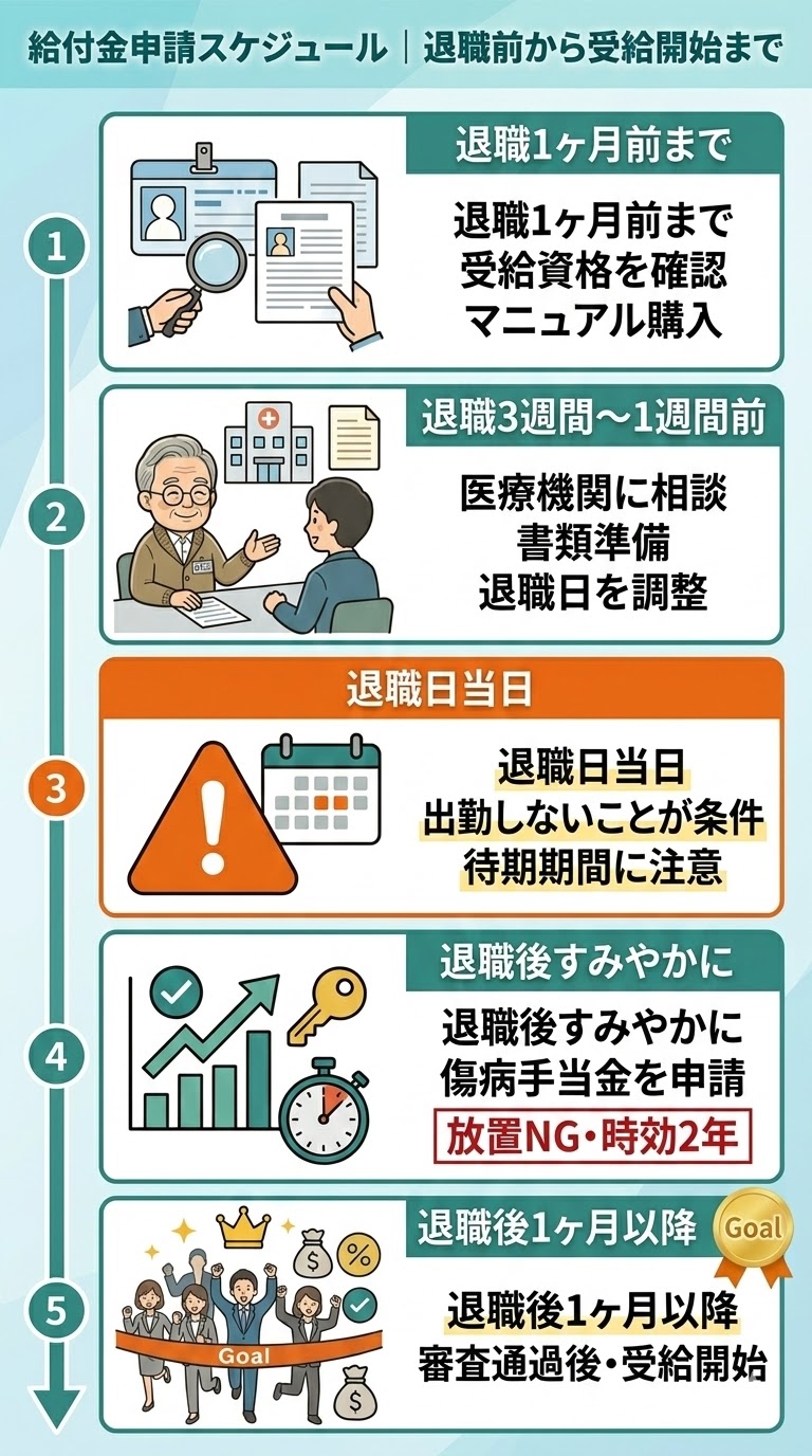 退職1ヶ月前から給付金受給開始までの申請スケジュールを5ステップで示したタイムライン図