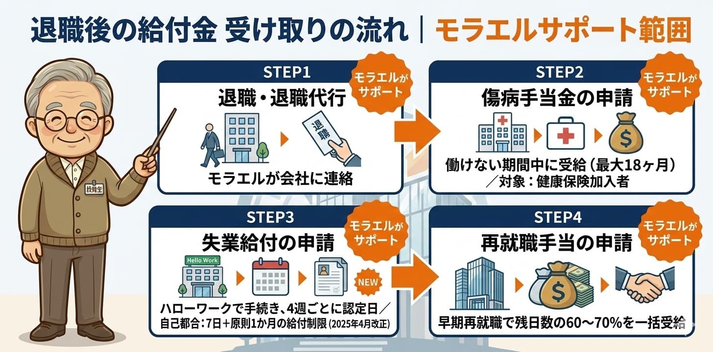 退職代行モラエルによる給付金サポートの流れ。退職→傷病手当金→失業給付→再就職手当の順序と各ステップのサポート内容を図解