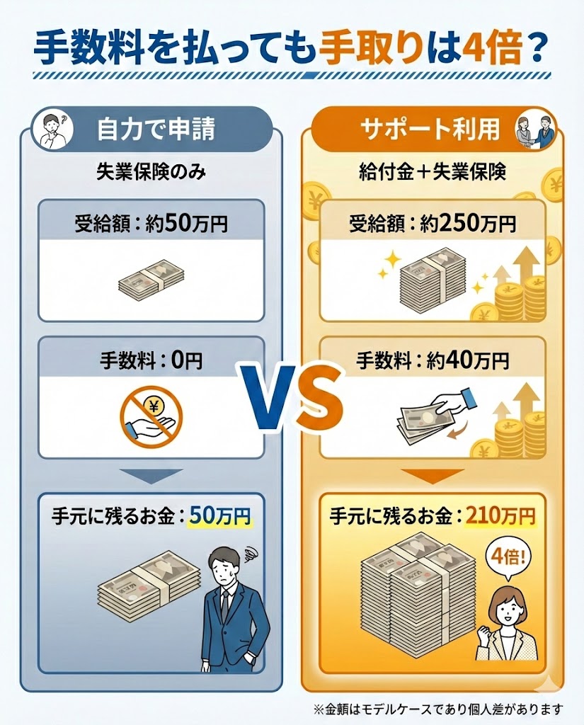 給付金サポート利用時の料金シミュレーション。手数料を支払っても、自力申請より手取り額が大幅に増える可能性を図解。