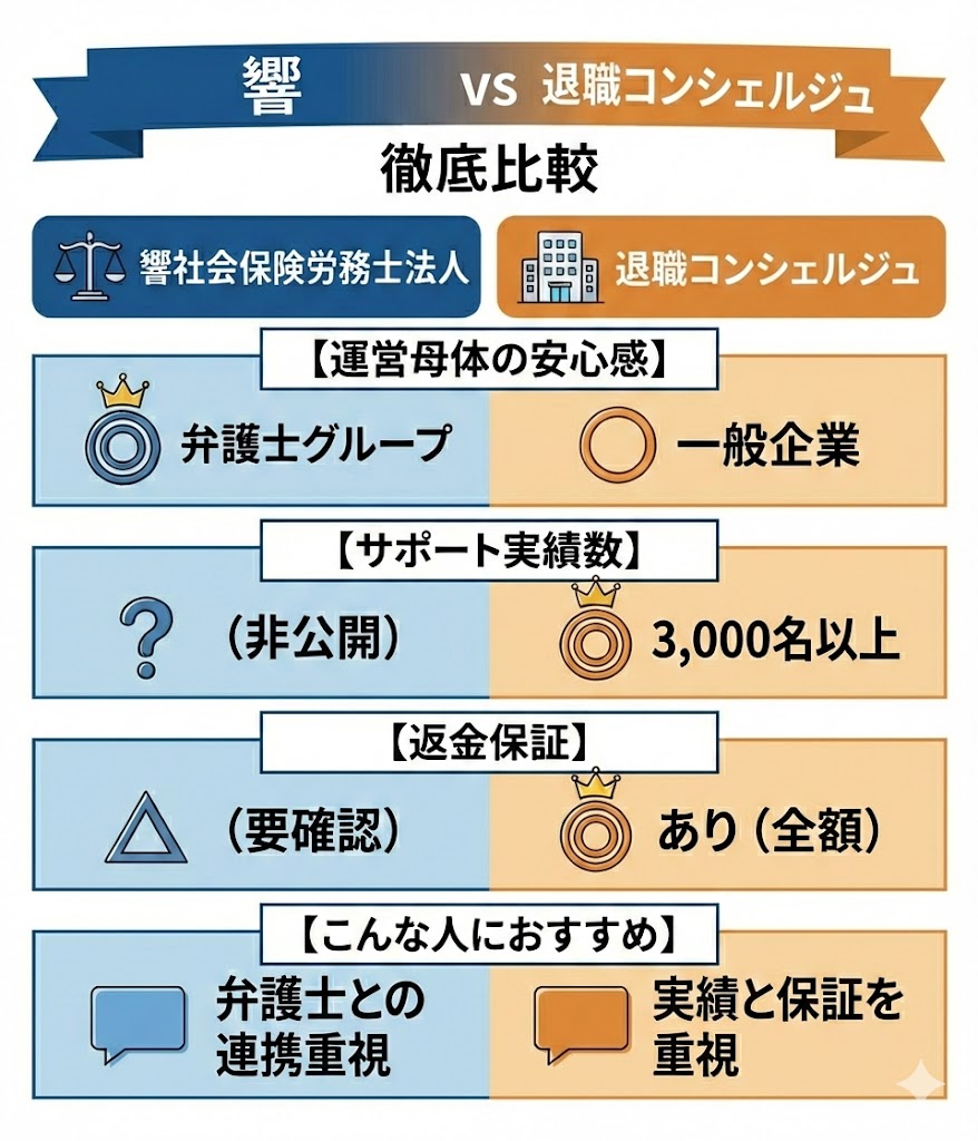 社会保険労務士法人・響と退職コンシェルジュの比較表。運営母体、実績、返金保証の違いを一覧化。